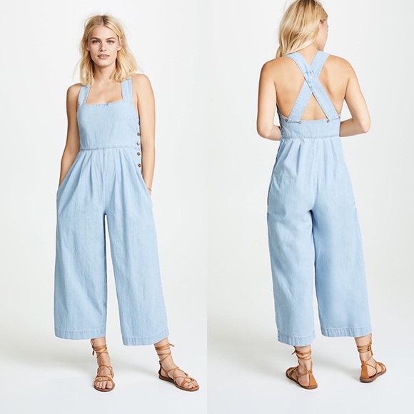 Free People Pants - Free People Fara Blue Chambray Denim Jumpsuit Sz 6